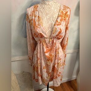 Free People Floral subtle pattern beige with tan and yellow satin dress